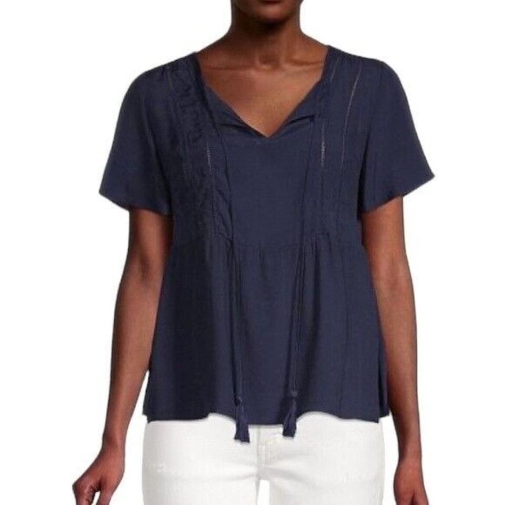 Women's Navy Short-Sleeve V-Neck Peasant Top